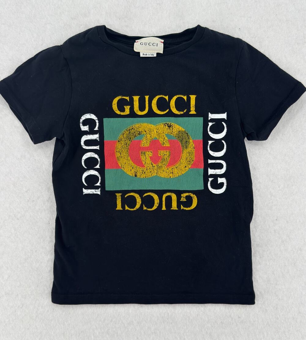 Gucci Kids Vintage Logo Black Cotton Short Sleeve T Shirt Sz 4
